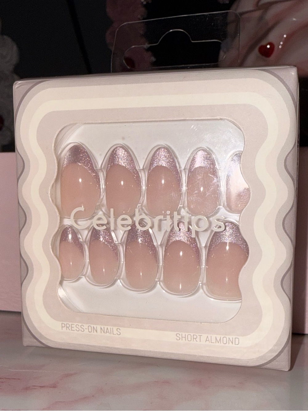 Celebritips Short Almond Press-On Nails - Nude with Silver Glitter Tips